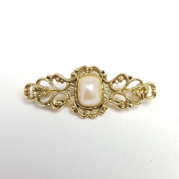 Vintage Gold Tone and Faux Pearl Bar Brooch, Scroll Filigree Style Lapel Pin - Picture 6 of 6